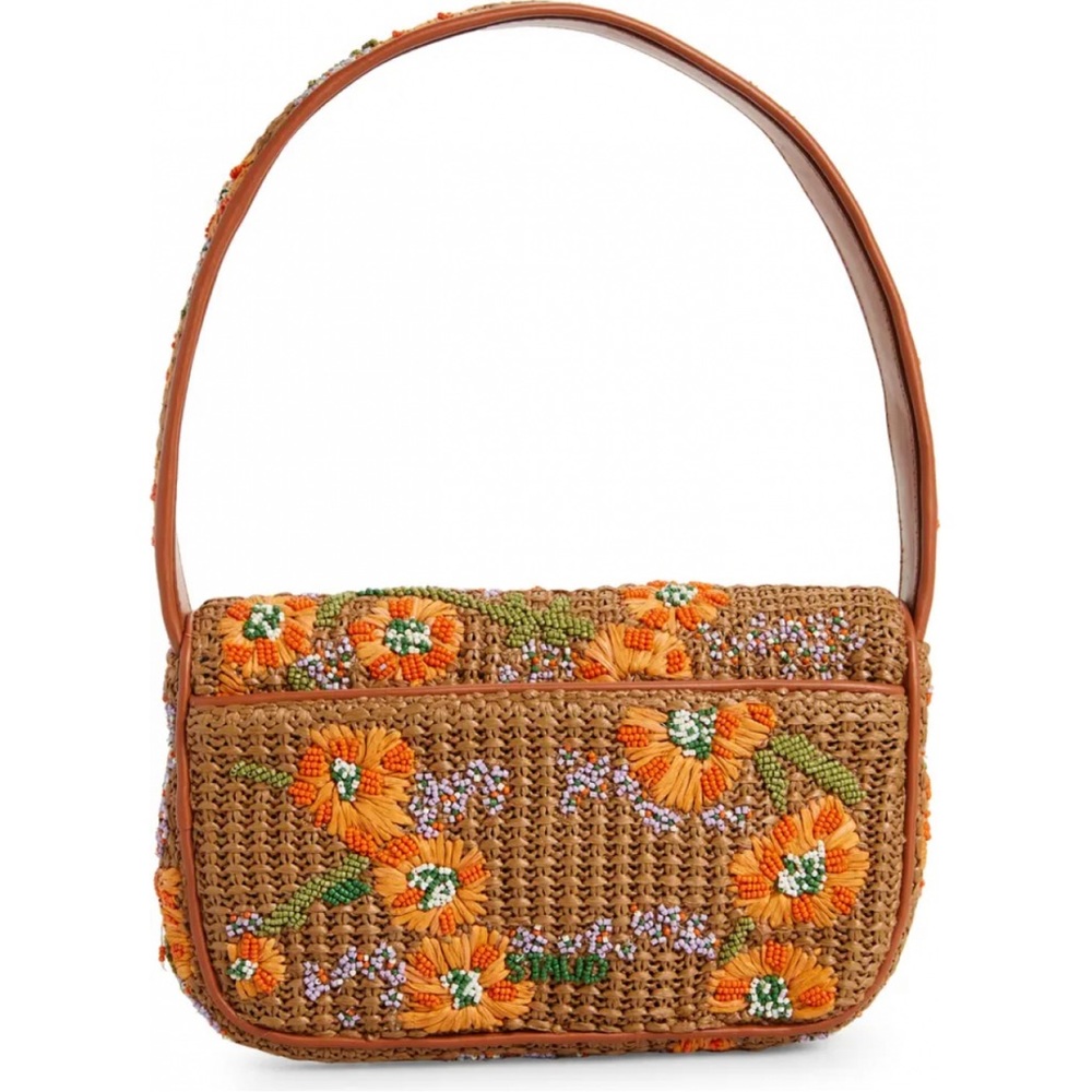 STAUD Tommy Raffia Beaded Leather Shoulder Bag